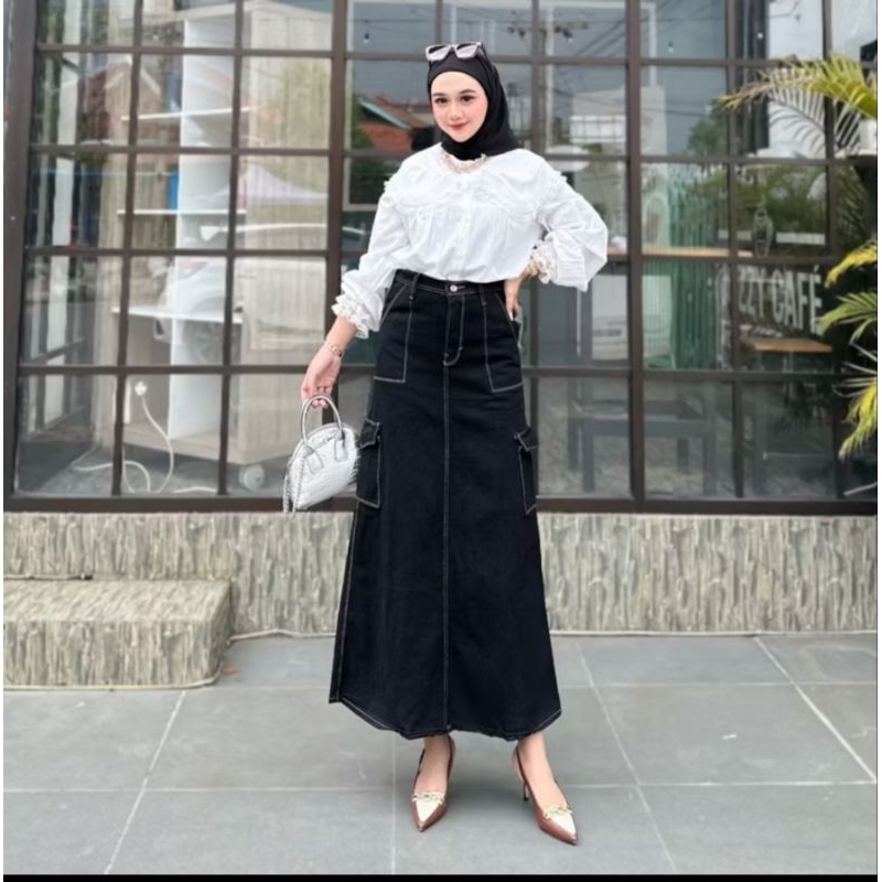rok jeans cargo // rok jeans cargo wanita // rok jeans cargo wanita terbaru // rok jeans cargo jumbo