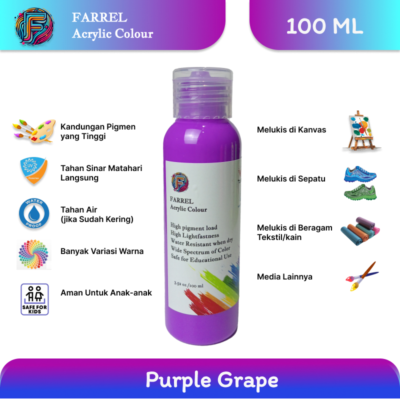 

Cat Akrilik / Lukis / Kanvas / Mural Farrel Acrylic Paint Colour 100ml Warna Purple Grape ungu