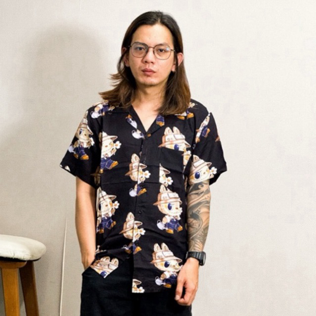 NRKY kemeja full printing pria motif labubu lengan pendek