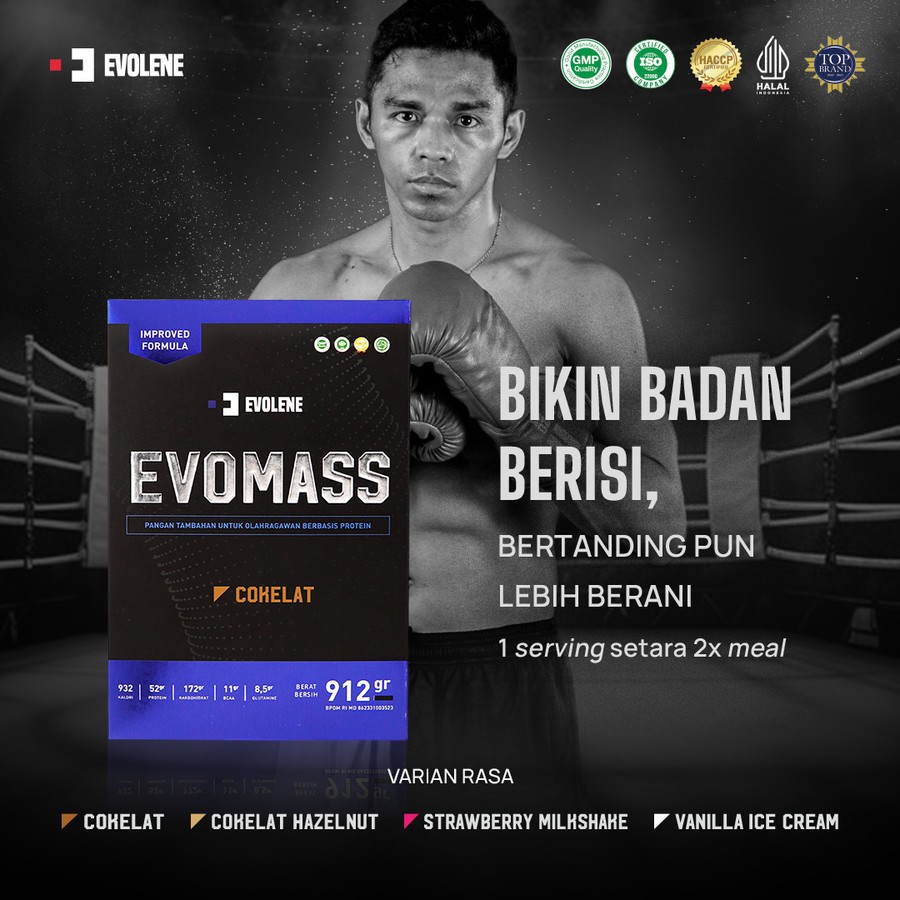 Evolene Evomass 2 lbs 900 gram Susu Protein Suplemen Penambah Berat Badan