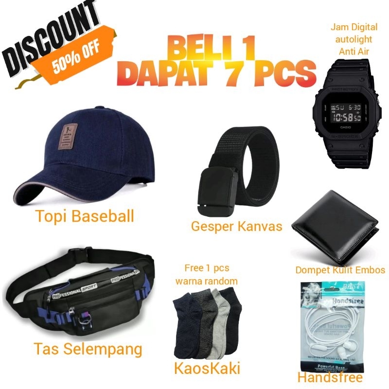 PAKET 7 IN 1 Tas Selempang Pria Waistbag Waterproof Bonus Topi baseball Jam Digital Ikat Pinggang Do