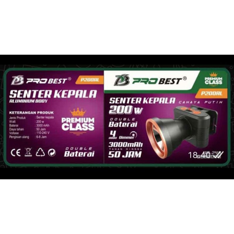 Senter kepala Super terang Best Pro 200Watt Led Supee Terang menggunakan Doubel Battre 3000mAh