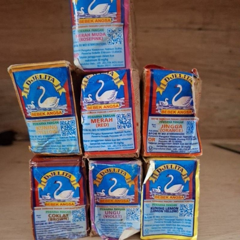 

Gincu kaleng bebek angsa, pewarna makanan merah muda, kuning, jingga,merah, ungu,cokelat, kuning lemon