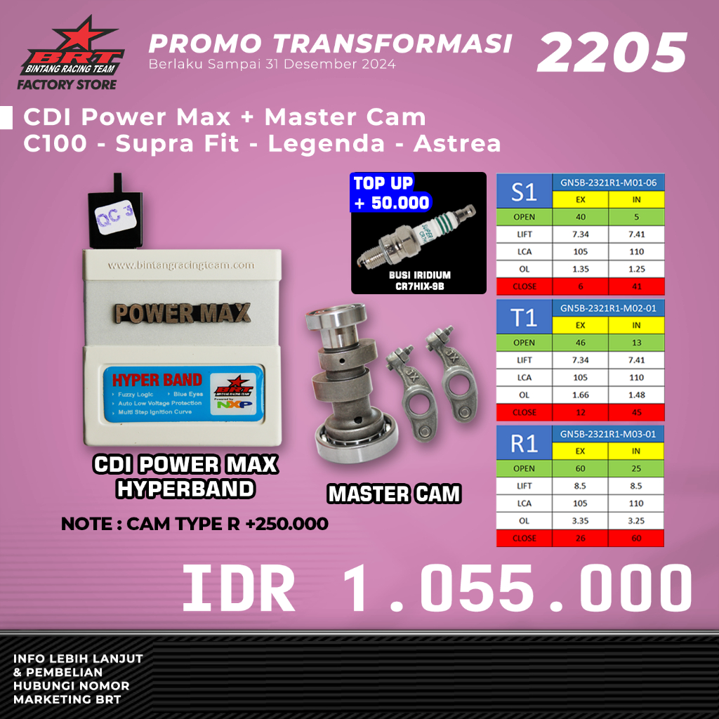 PAKET CDI POWERMAX + MASTERCAM ROCKER ARM C100/SUPRA FIT/LEGENDA/ASTREA BRT BINTANG RACING TEAM