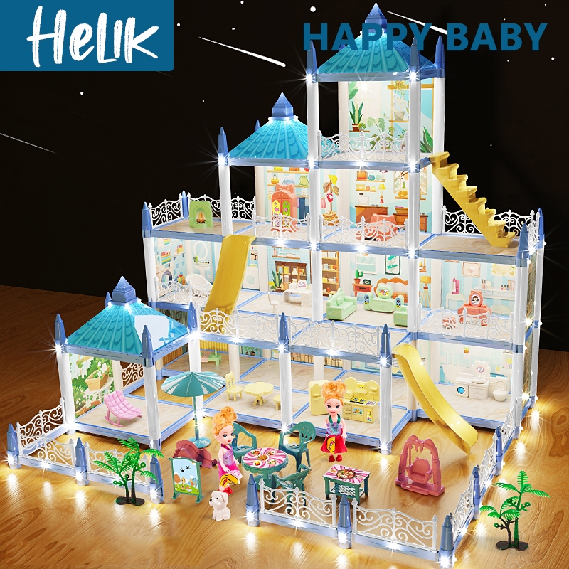 Mainan Rumah Rumahan dengan Lampu Boneka 3D Princess Kastil Villa DIY Rumah Boneka Mainan