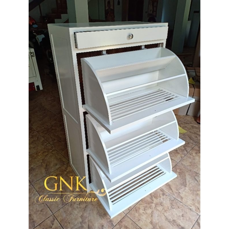 rak sepatu cat duco putih / rak sepatu kayu jati