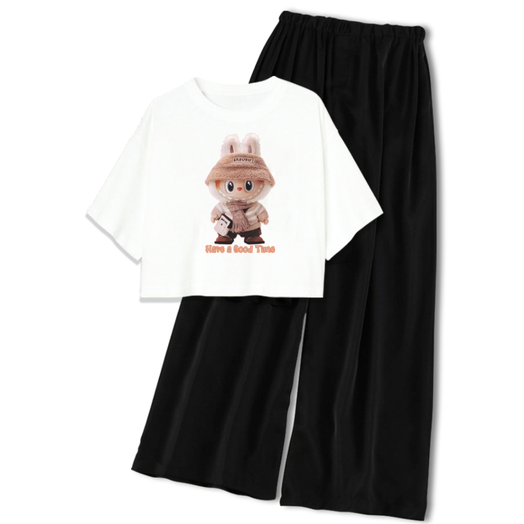 Asbusana Baju 1 Setel LABUBU HAVE A GOOD TIME Outfit Anak Kaos Crop dan Celana Remaja L-XL