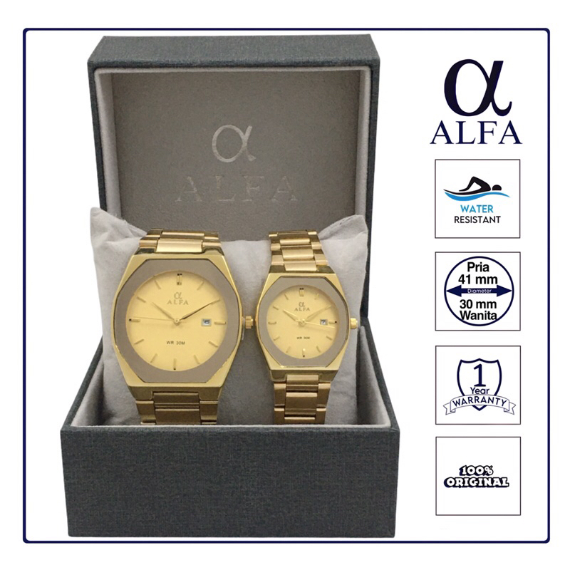 ALFA Jam Tangan Pria Original Anti Air Rantai Stainless Steel Garansi Warna Gold 88806