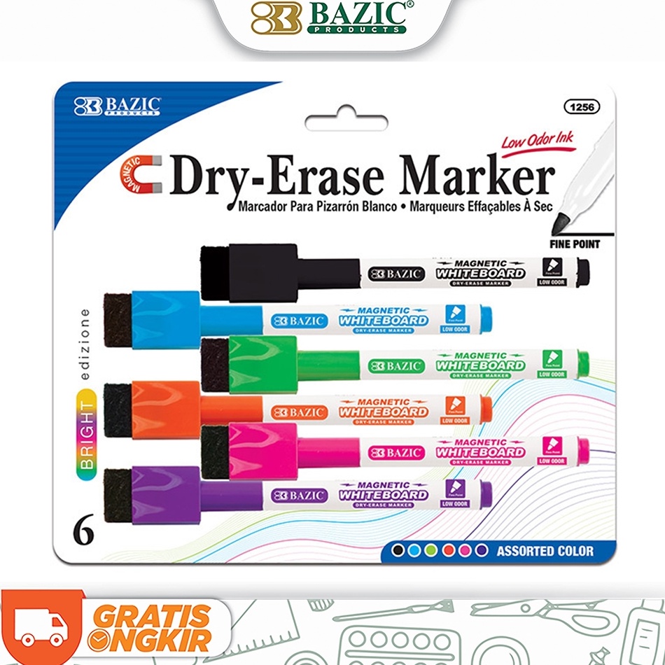 

KODE V9B9 Bazic Bright Color Magnetic DryErase Markers 6Pack Spidol Papan Tulis Include Penghapus