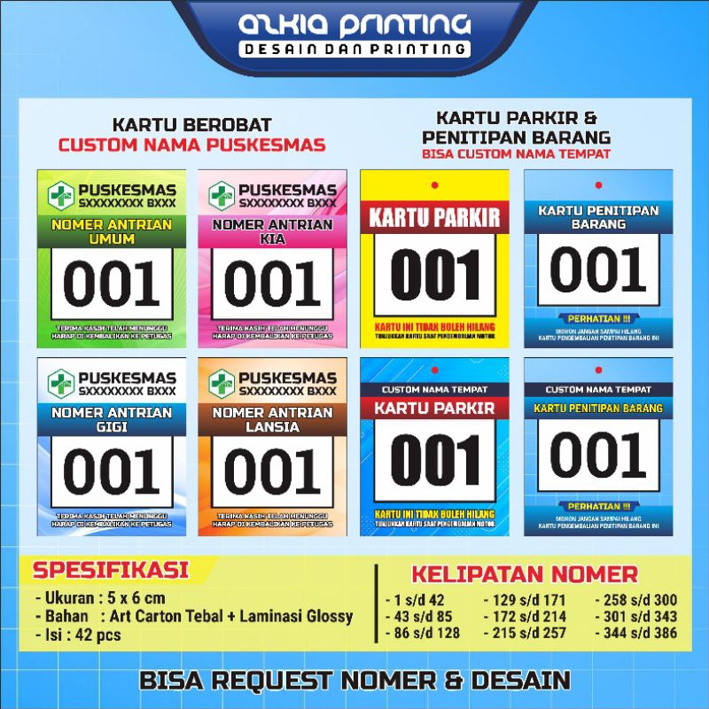 

Nomer Parkir l Nomer Antrian Berobat l Nomer Penitipan Barang l Nomer Antrian Umum l Nomer Antrian Kia l Nomer Antrian Lansia l Nomer Antrian Parkir Custom Nama l Nomer Penitipan Barang Custom Nama l Kartu Berobat Custom Nama Puskesmasnya l Kartu Berobat