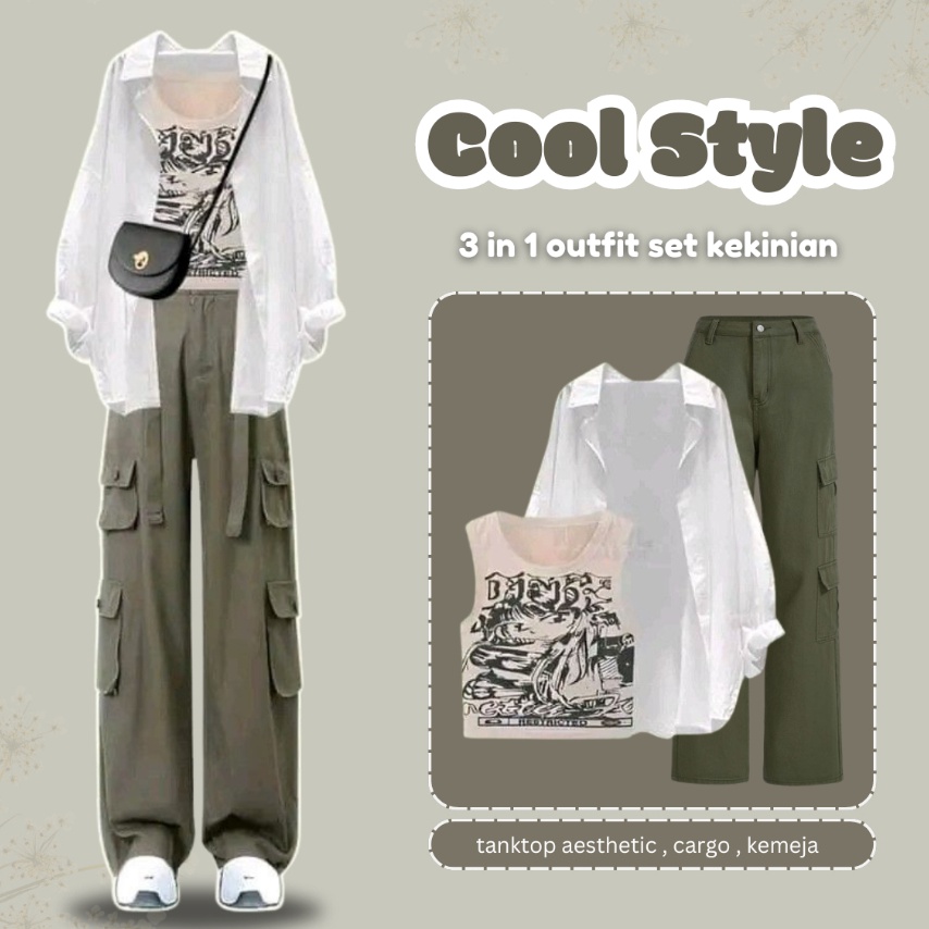 Kejar Hemat SLR  Cool Style  Outfit Korean Style Tanktop CreamCargo ArmyKemeja Putih 1 Set Outfit Wa