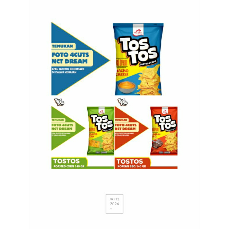 

[Dapat Freebies] Tos Tos x NCT DREAM 4 Cuts New Edition Snack Chiki Tortilla Chips Rasa Nachocheese, Korean BBQ, Roasted Corn