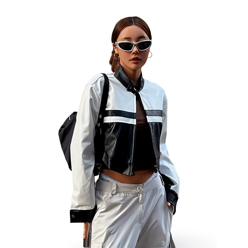 hot deals jaket kulit wanita strip kasual pu jaket antik wanita tambal sulam pakaian jalanan mantel