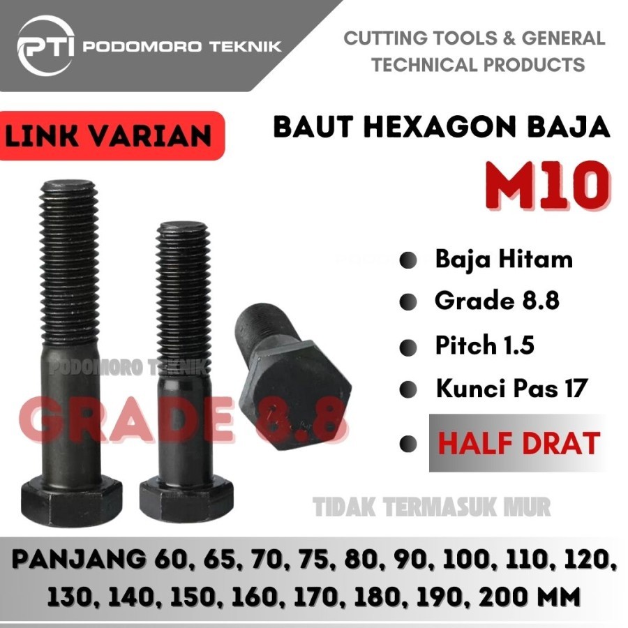 Baut Hexagon 8.8 M10x60 M10x65 M10x70 M10x75 M10x80 M120x90 M10x100 M10x110 M10x120 M10x130 M10x140 