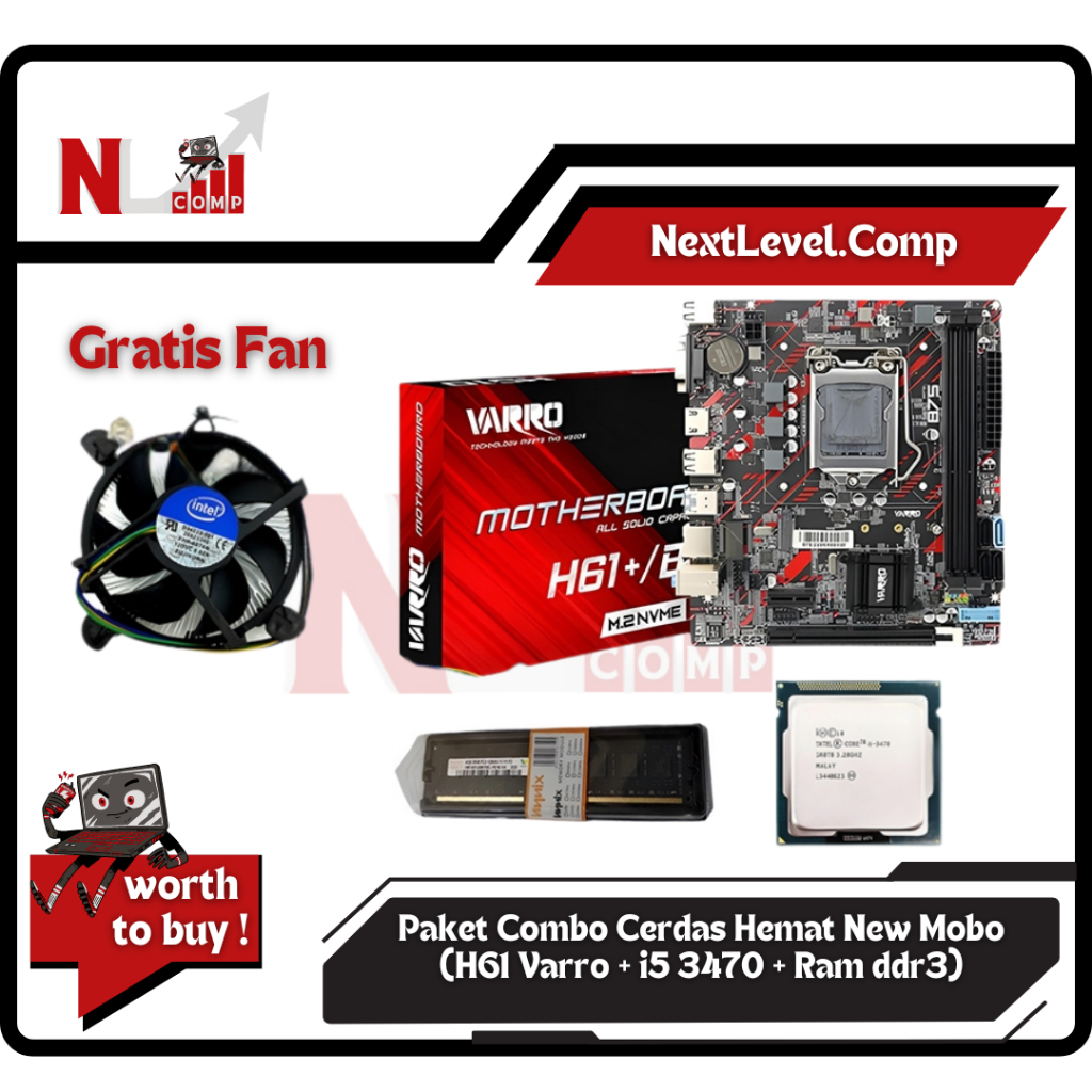 Paket Motherboard Core i5 New Mainboard H61+/B75 Varro Rev 3 DDR 3 Socket 1155 NVME Sata 3.0