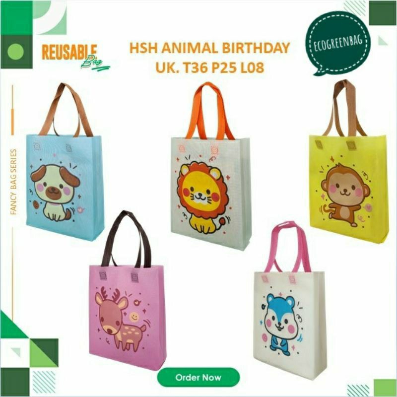 

Tas Souvenir ulang tahun / goodiebag ultah motif animal lucu full color ukuran 35x25x8 muat box nasi ayam fried chicken / KFC dan Snack ultah