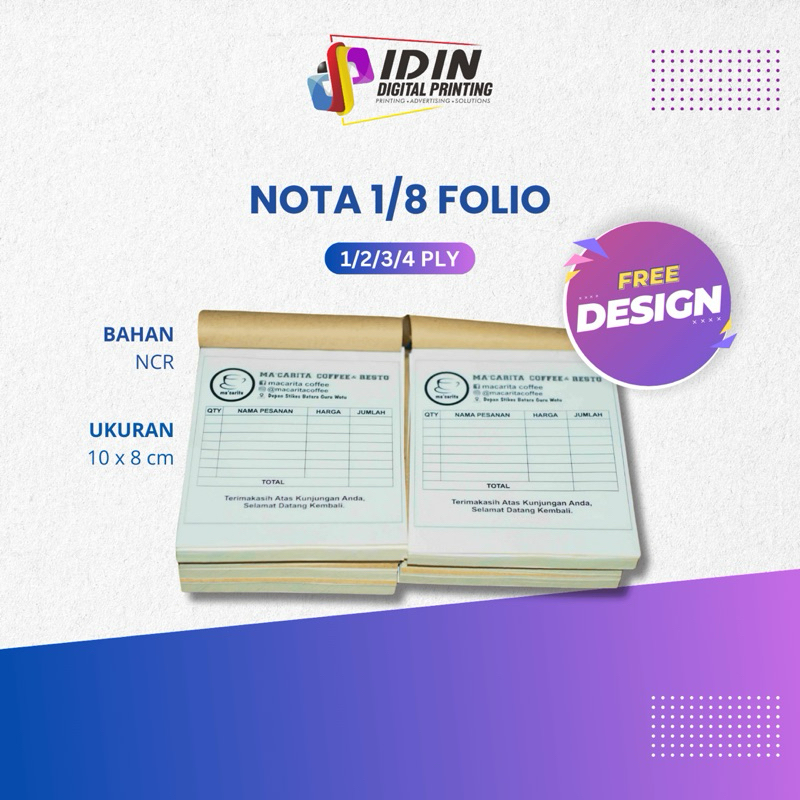 

Cetak Nota Faktur 2 Ply 1/8 Folio Total 80 Buku Custom Usaha Toko - Percetakan Idin Digital Printing