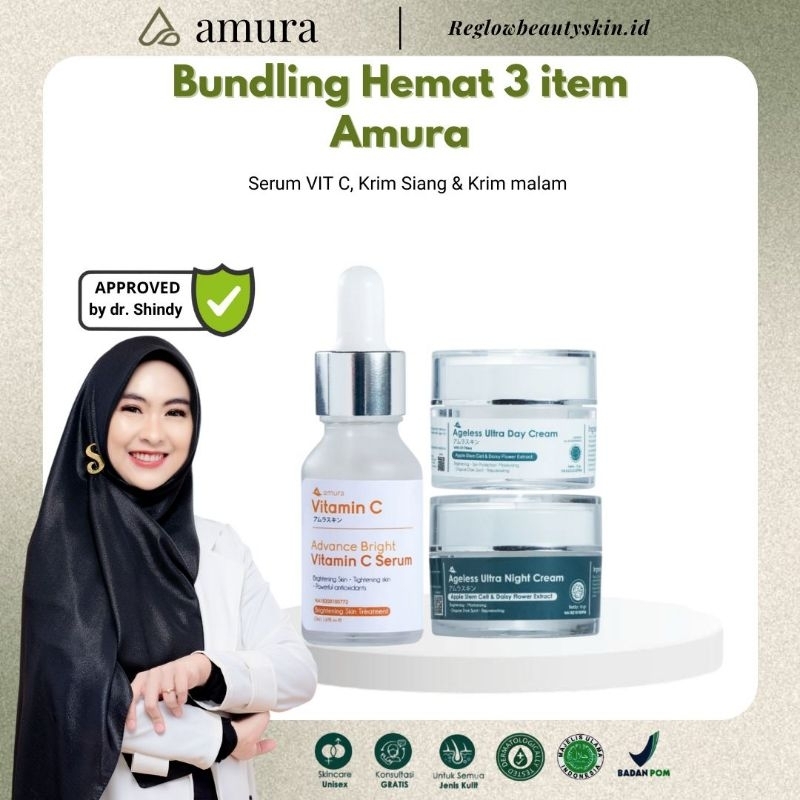 Amura Paket Bundling 3 Item - Perawatan Kulit Wajah Cerah Segar Glowing Kusam Original(Serum Vit C, 