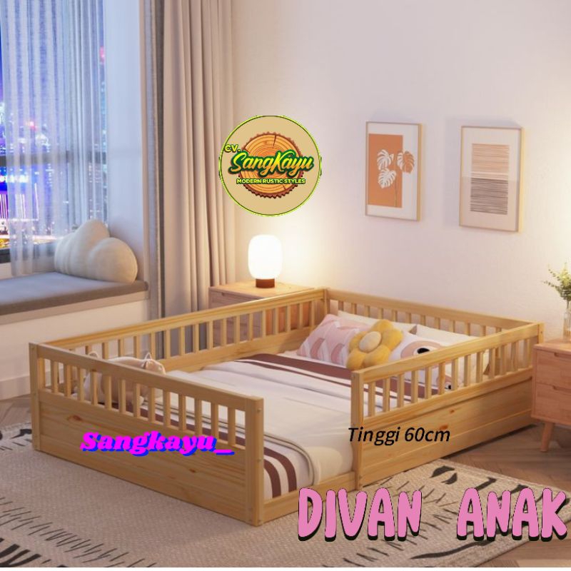 Divan anak premium / dipan anak aesthetic minimalis / rangka mahoni / Springbed/matras/kasur anak