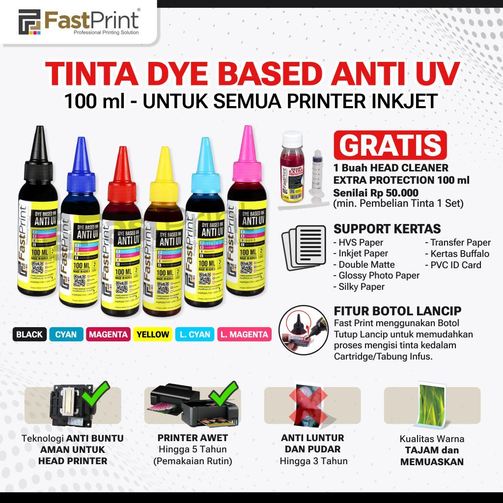 Tinta Dye Based Anti UV 100ML Printer Epson 1 Set 6Warna