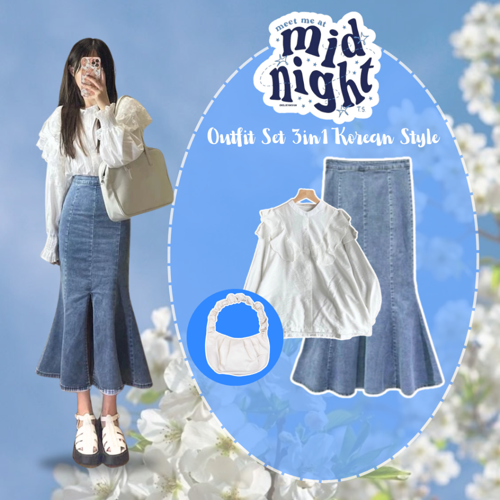 One Set Remaja Korean Style 3in1 Blouse Ruffle Rok Plisket Jeans Tas Shoulder Bag KS Breeze 172