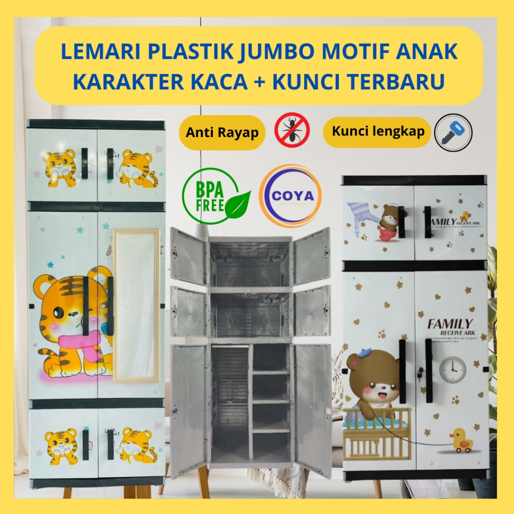 LEMARI GANTUNG JUMBO MOTIF ANAK 190CM BAHAN PLASTIK AWET DAN KUAT ADA KACA + KUNCI I LEMARI PLASTIK