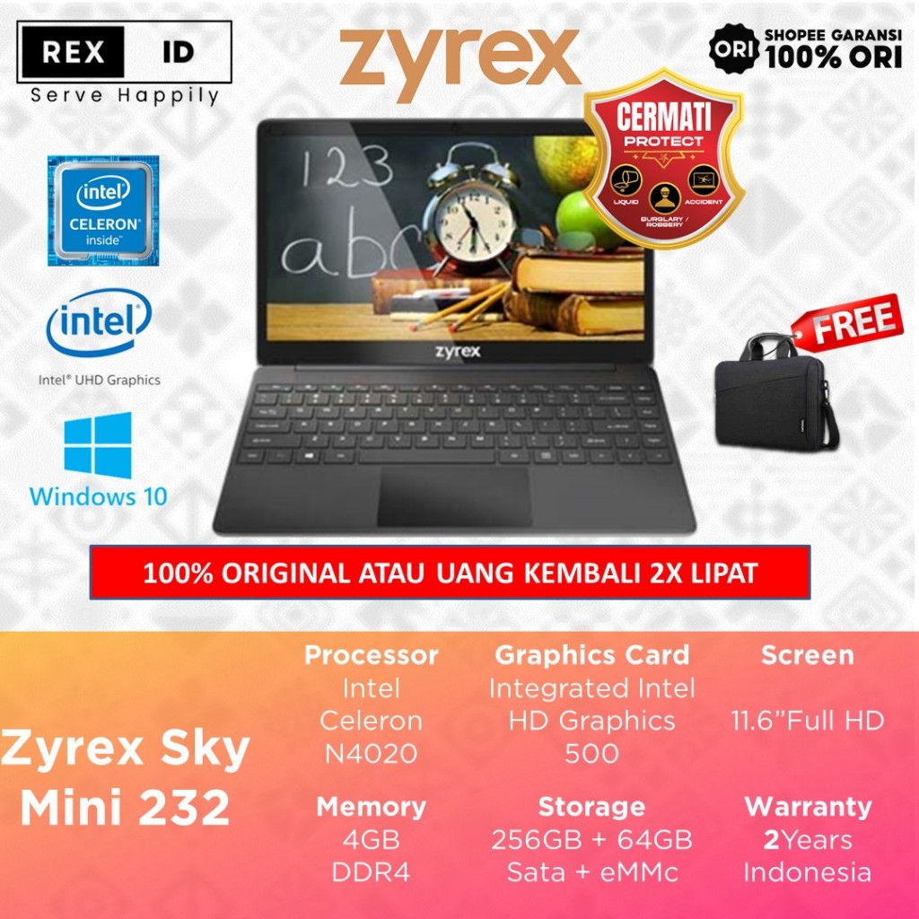 Laptop Zyrex N4020 4GB 256GB+64GB 11.6" Full HD Windows 10 - Zyrex Sky 232 Mini