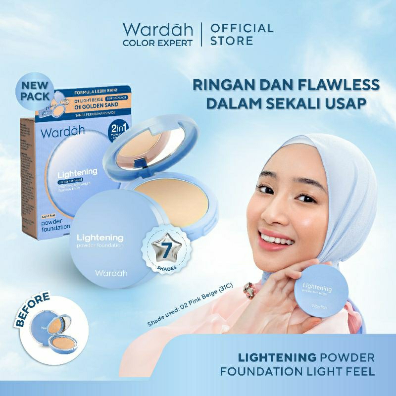 Wardah Lightening Powder Foundation Light Feel Original Bedak PADAT Tempat Kaca + Refil ORI 01 Light