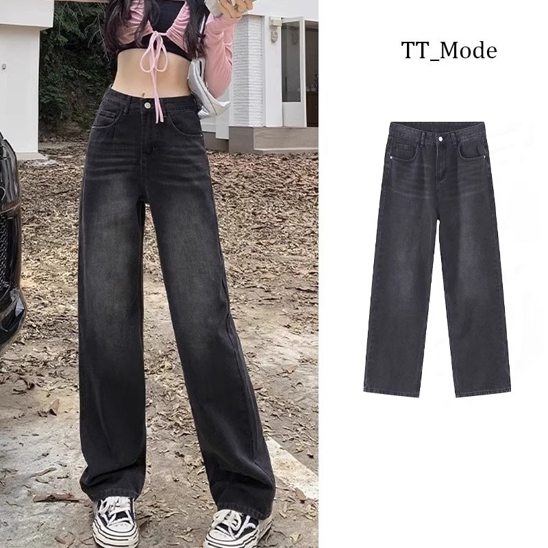 abu-abu jeans wanita highwaist loose fashion kasual jeans