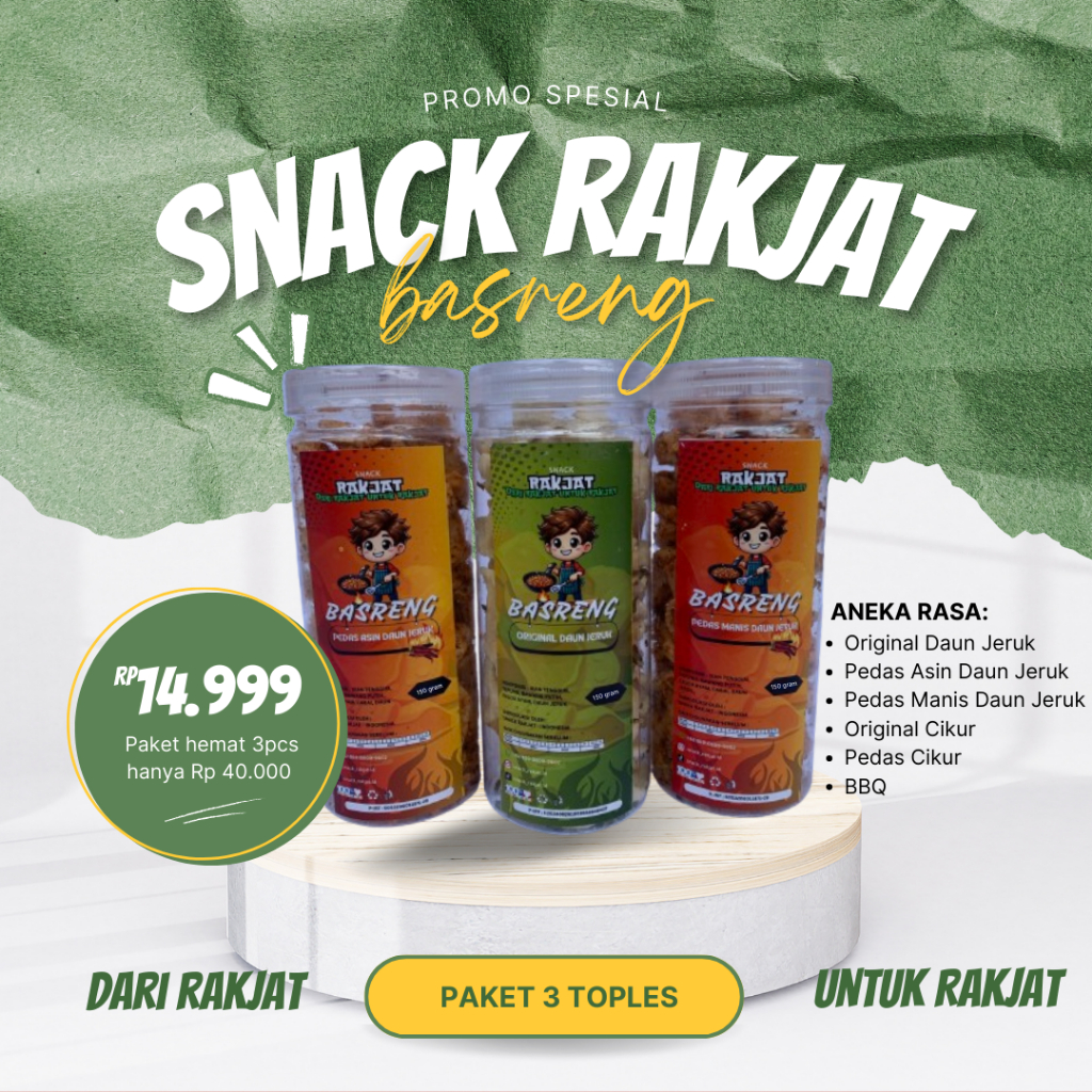 

[ 3 PCS ] PAKET BASRENG RAKJAT - Original, Pedas Asin & Pedas Manis Daun Jeruk - Kemasan