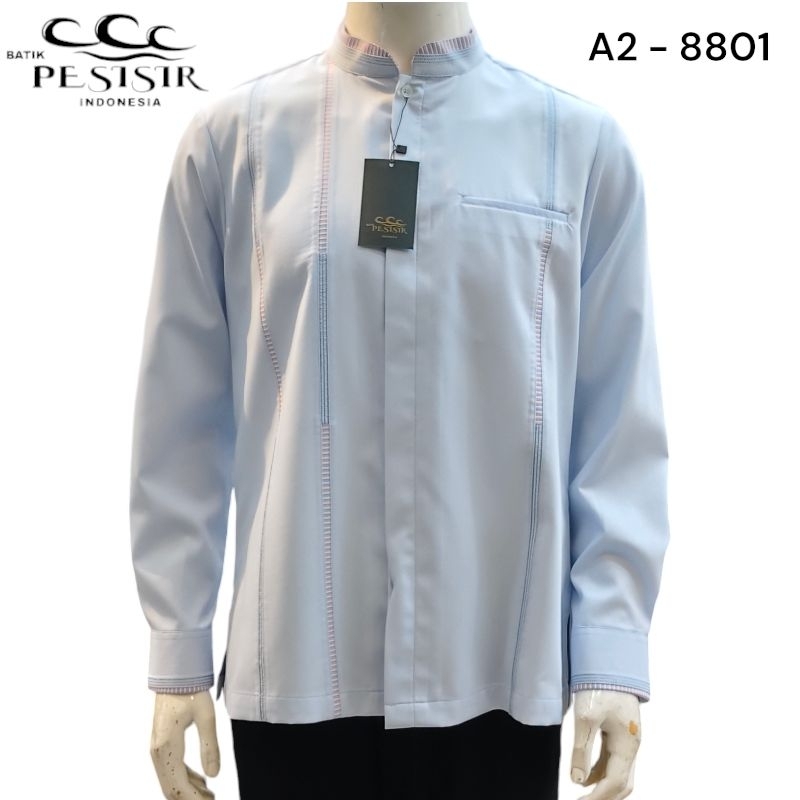 Batik Pesisir Kemeja Pria Lengan Manset Biru Muda