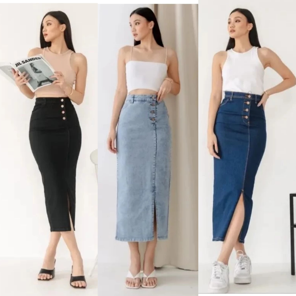 COD||Rok Jeans Panjang Wanita Doremi Jumbo Stretch / Rok Span Jeans Wanita Kancing 5 Jumbo / Rok Jea