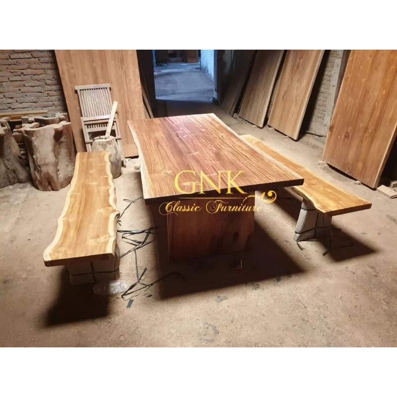 meja makan kayu jati solid / set meja makan restoran / bangku kayu jati