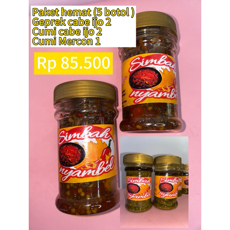 

5 paket hemat ( 2 cumi asin samel ijo ,1 cumi mercon 2 sambel bawang geperek )