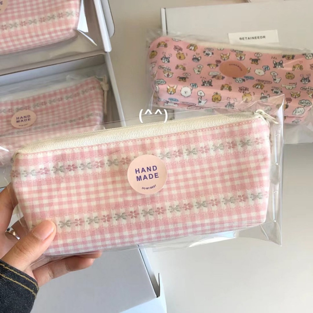 

Korean Ins Plaid Pen Bag Cute Cartoon Stationery Bag High Beauty Girl Heart Student Storage Pen Bag