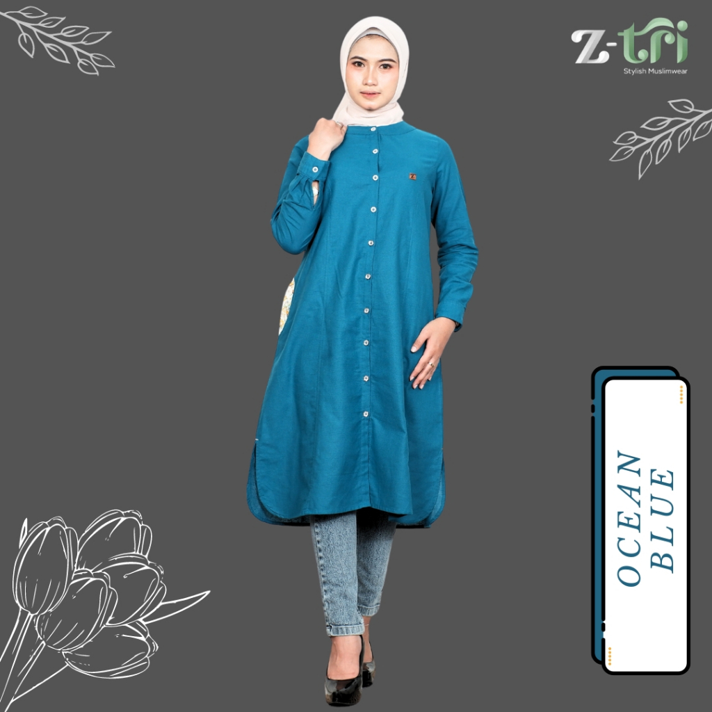 ZTRI Kemeja Kerja Tunik Wanita Kancing Full Hidup Polos Bahan Linen Rami Premium