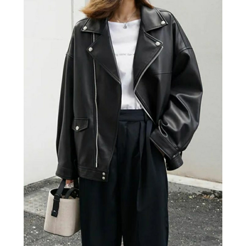 (WITH TAG) JAKET KULIT LEATHER BIKER JACKET OUTER ZIPPER PUFF SLEEVE KOREA