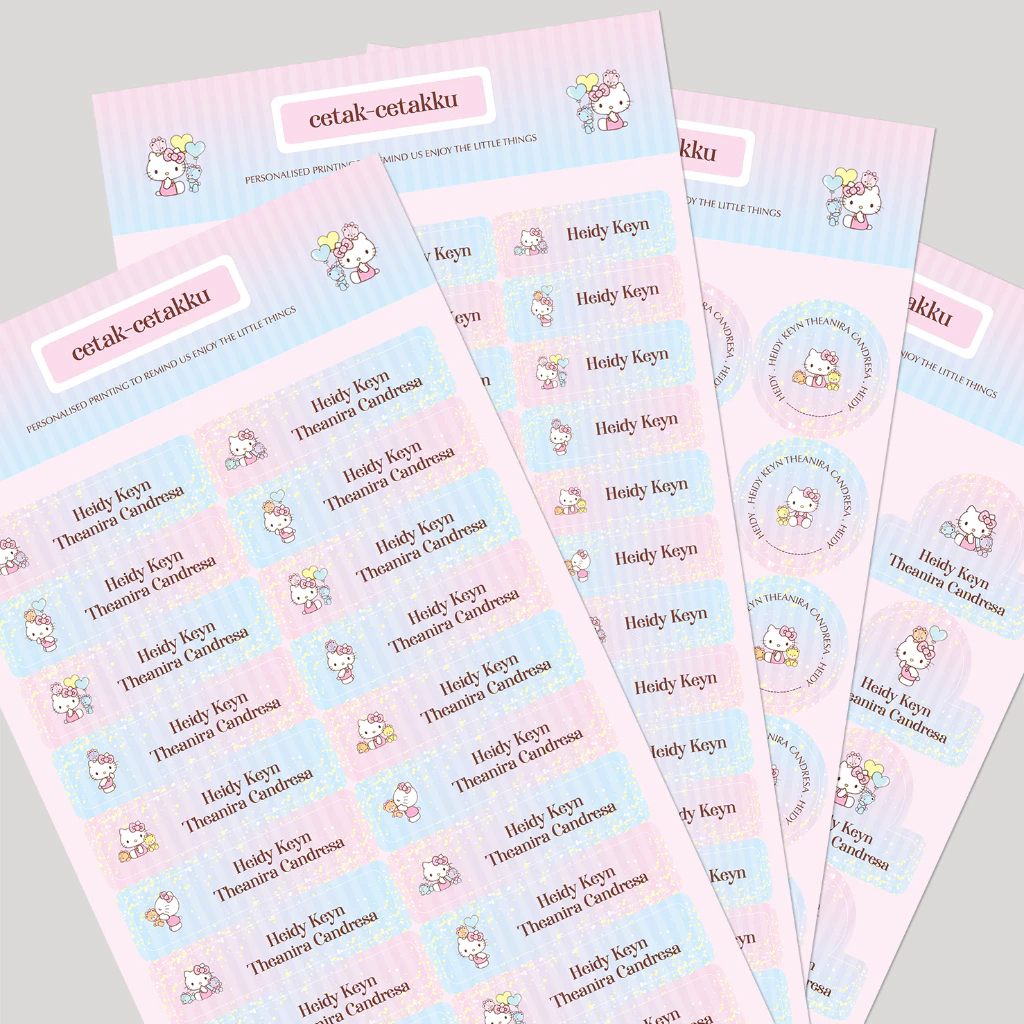

HELLO KITTY (Tiny Chum) / STICKER NAMA COMBO PACK - 103 pcs (4 Bentuk , 4 Ukuran) / Sticker Vinyl Waterproof (Tahan Air & Anti Sobek) / Label Sekolah / Label Nama Anak