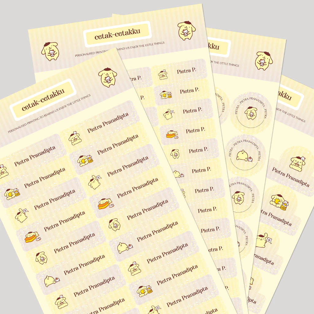 

POMPOMPURIN / STICKER NAMA COMBO PACK - 103 pcs (4 Bentuk , 4 Ukuran) / Sticker Vinyl Waterproof (Tahan Air & Anti Sobek) / Label Sekolah / Label Nama Anak