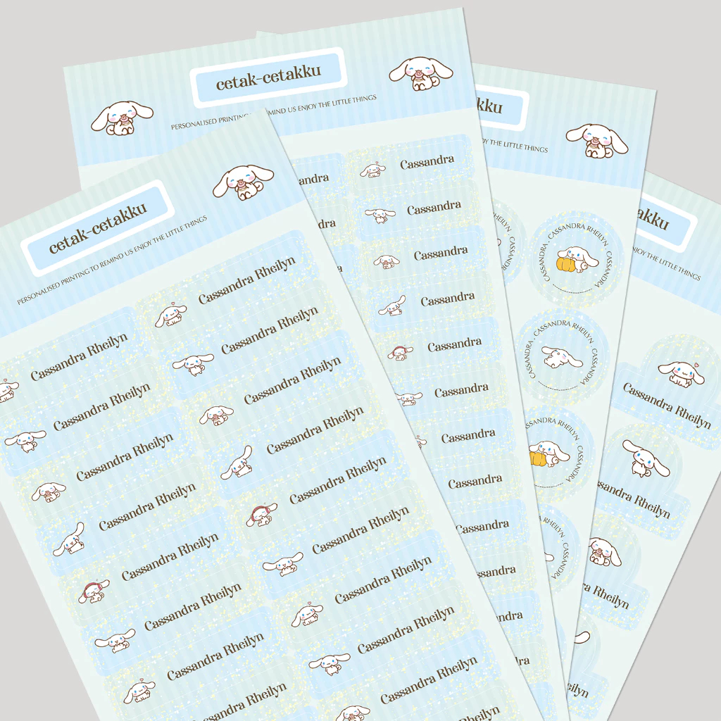 

CINNAMOROLL / STICKER NAMA COMBO PACK - 103 pcs (4 Bentuk , 4 Ukuran) / Sticker Vinyl Waterproof (Tahan Air & Anti Sobek) / Label Sekolah / Label Nama Anak