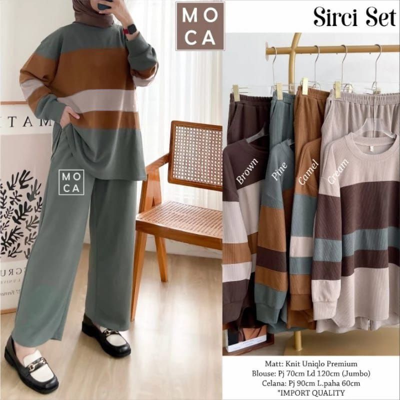 Blouse dan Celana Setelan Wanita Kekinian Import Quality Sirci Set bahan Knit Uniqlo Premium