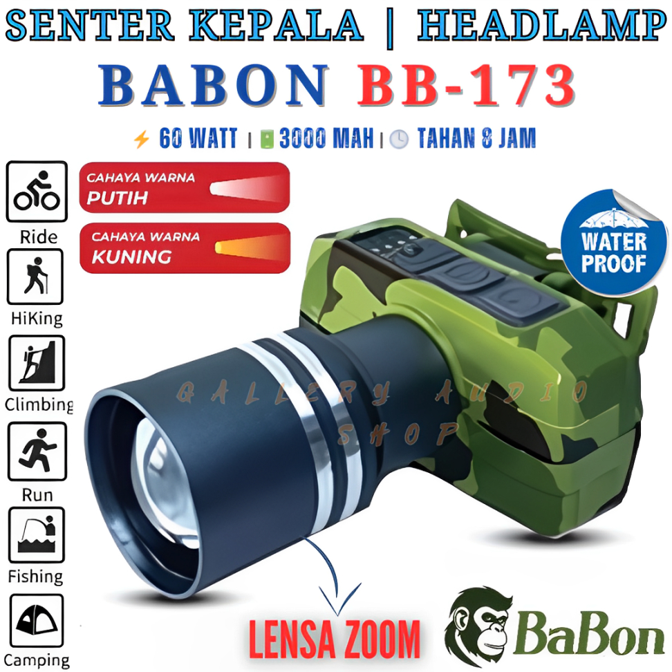 Senter Kepala Zoom BABON BB-173 60 Watt Super Terang | Senter Kepala Zoom Waterproof Anti Air Babon 