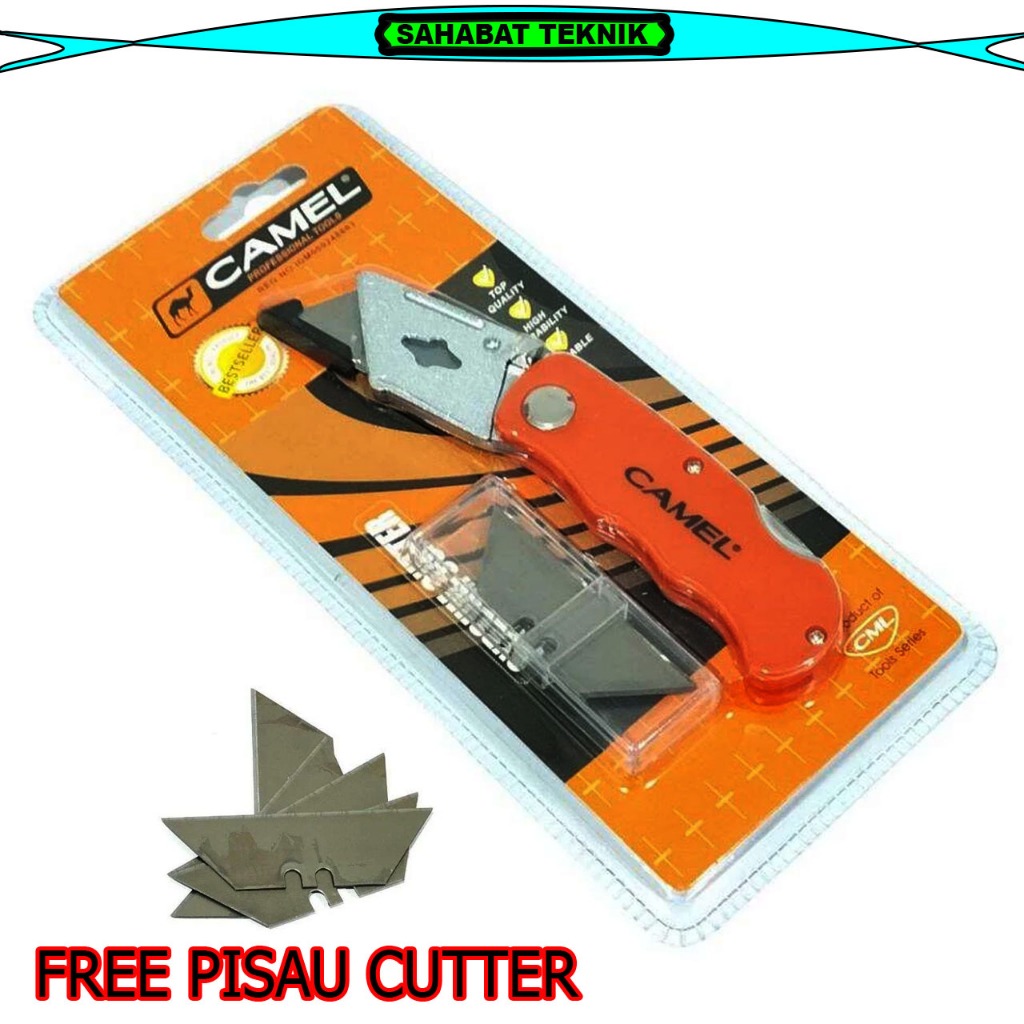 

Cutter Gipsum Triplek Akrilik CAMEL Knife HPL gagang orange Bisa Dilipat Gratis Isi Cutter