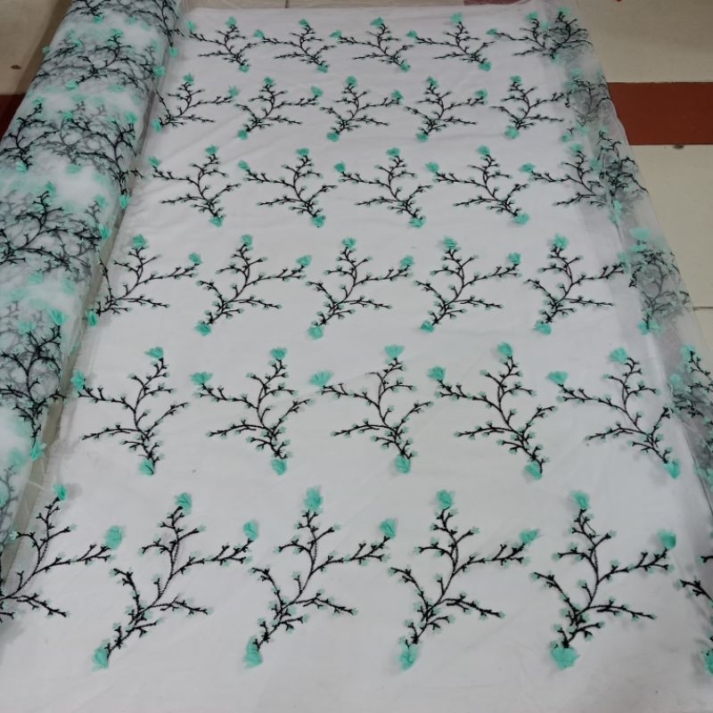Bahan kain tulle Bordir Bunga Sakura Terbaru/kain Bahan Kebaya motif sakura bunga rambat timbul.