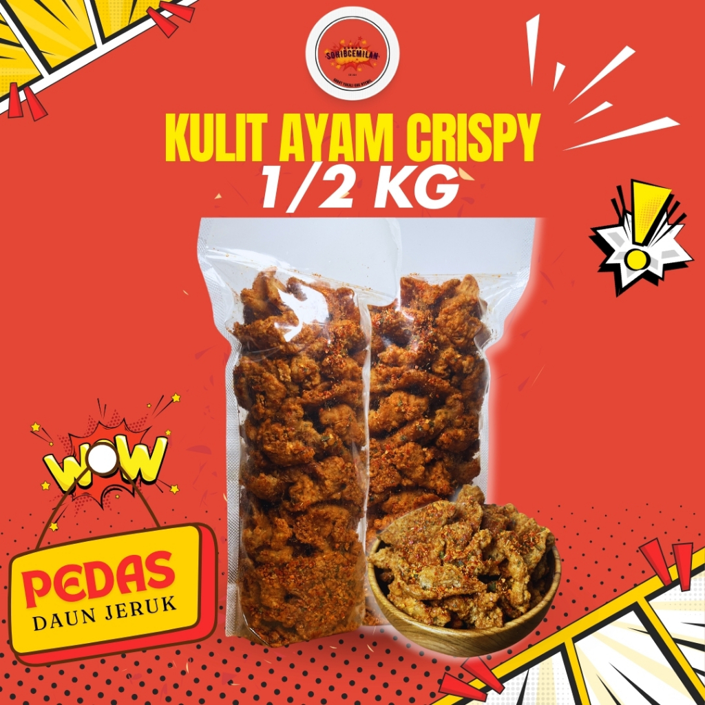 

Keripik Kulit Ayam Crispy Pedas Daun Jeruk 1/2kg