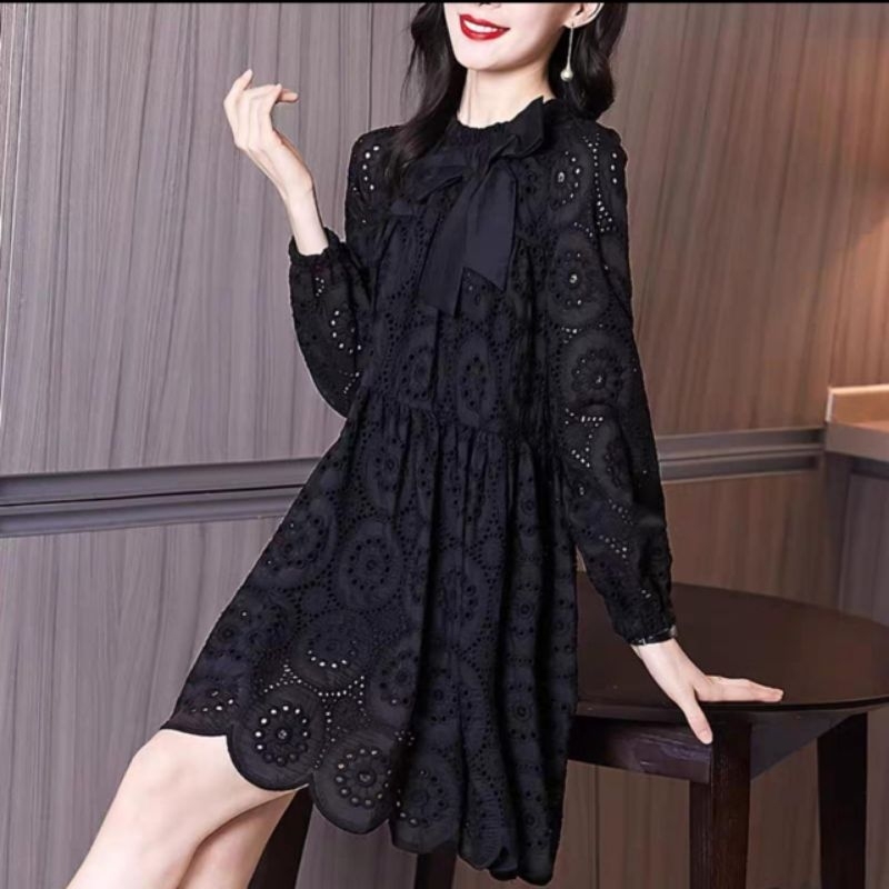 1807 Baju minidresss RAMIOZA EMBROIDERED COTTON BABYDOLL DRESS loose dres hitam mocca polos katbol K