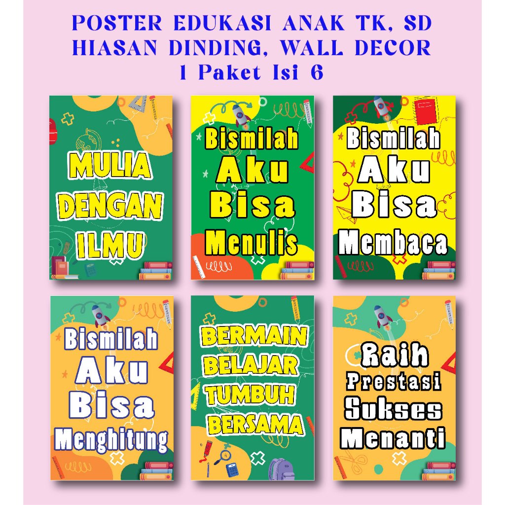 HIASAN DINDING BINGKAI PAPAN MDF , EDUKASI ANAK TK, SD HIASAN DINDING, WALL DECOR 1 Paket Isi 6