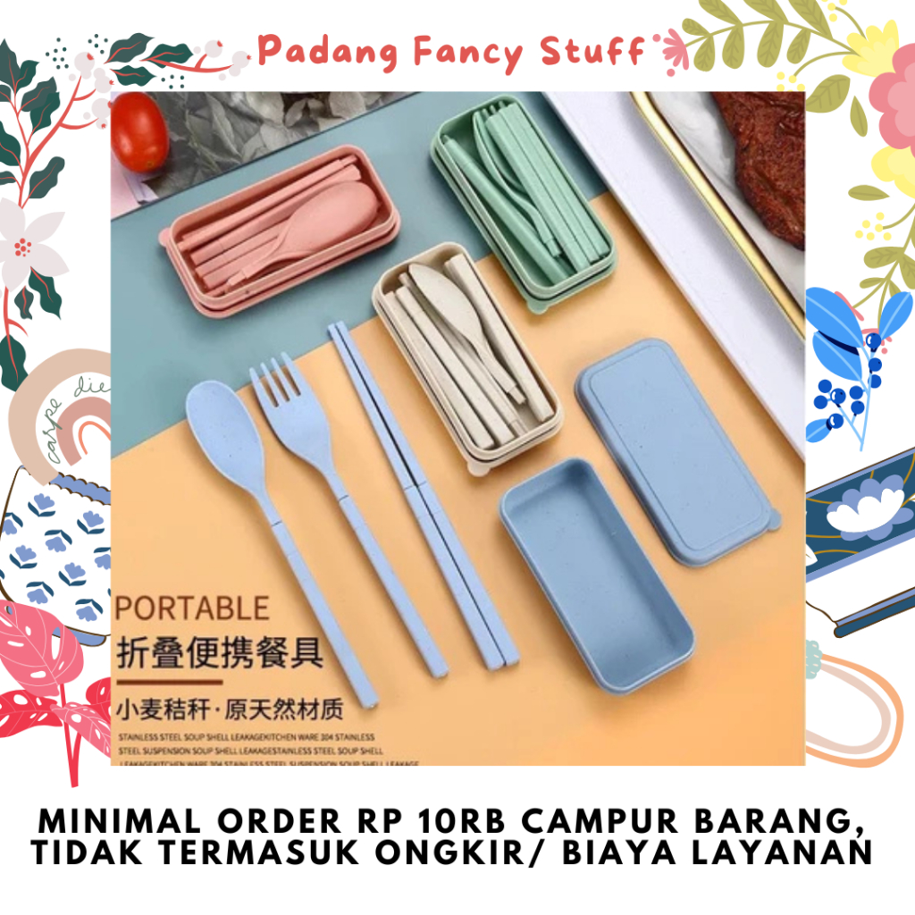 PFS - 068 Sendok set Jerami Lipat Travel / Sendok Garpu Sumpit Lipat / Sendok Jerami Set 3 in 1