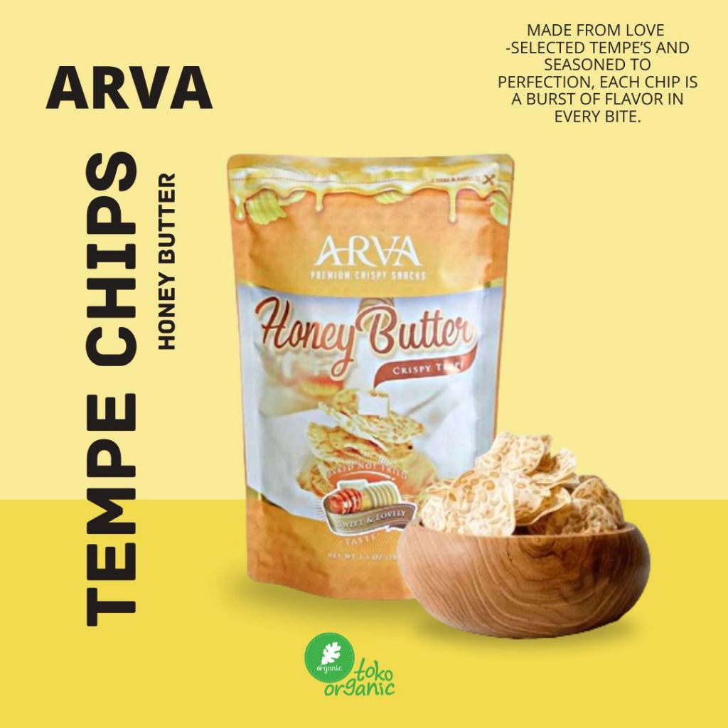 

Arva Tempe Crispy rasa Honey Butter , Keripik Tempe Non GMO Tidak Digoreng - 100Gr