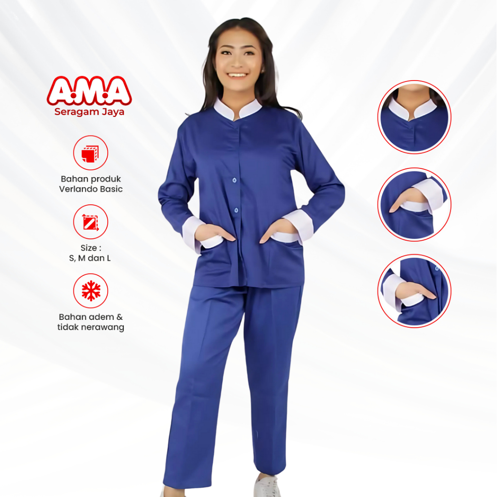 Baju Perawat Wanita List Warna Lengan Kancing Depan Seragam Oka Jaga Medis Lengan Panjang Size S M L